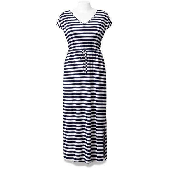 torrid Dresses & Skirts - Size 1X Torrid Women’s Navy White Striped Midi Dress Super Soft Dolman Sleeve